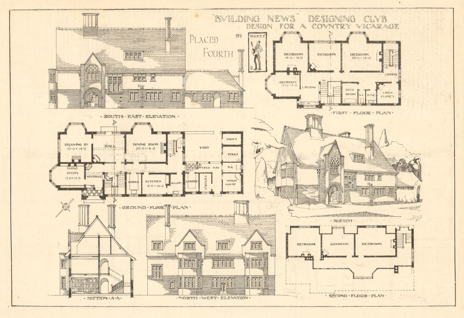 Design for a country vicarage by Rookey. Elevations, section, plans 1907 print